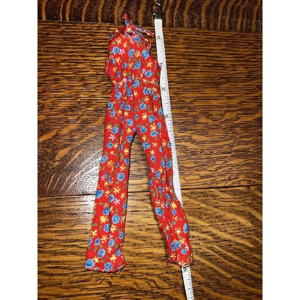 VTG 1970s Barbie Style Red Floral Jumpsuit Handmade 70s Doll Clothes OOAK EUC